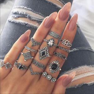 Jewelry - NEW Boho Silver and Onyx 15 Piece Ring Set Jewelry - NEW Boho Silver and Onyx 15 Piece Ring Set